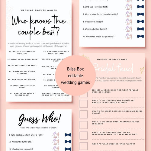 Bridal Shower Games, Hen Party Games,Bridal Feud ,Guess who? , Printable Games,Set of 4 Bridal shower games